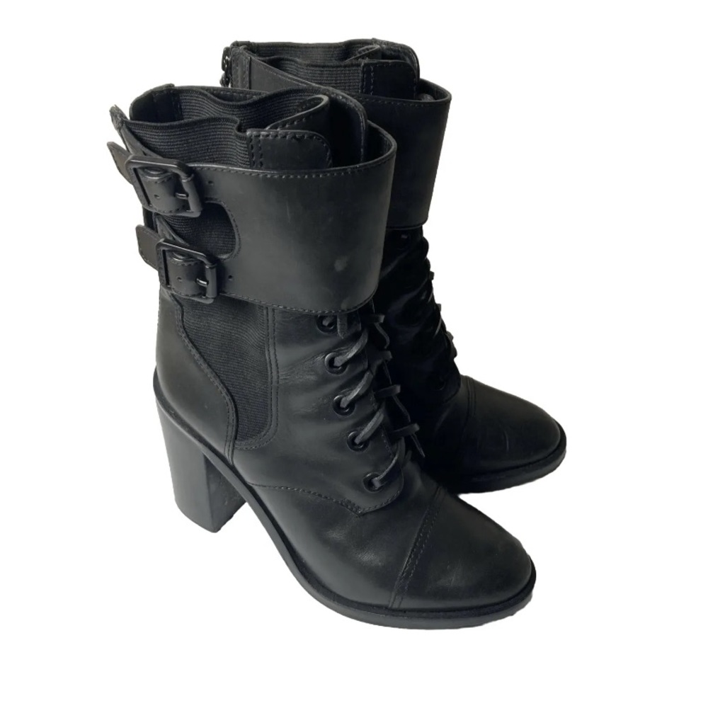 Tory Burch Broome Combat Boots Mid Calf High Heel Black Leather size 7 SN 321485